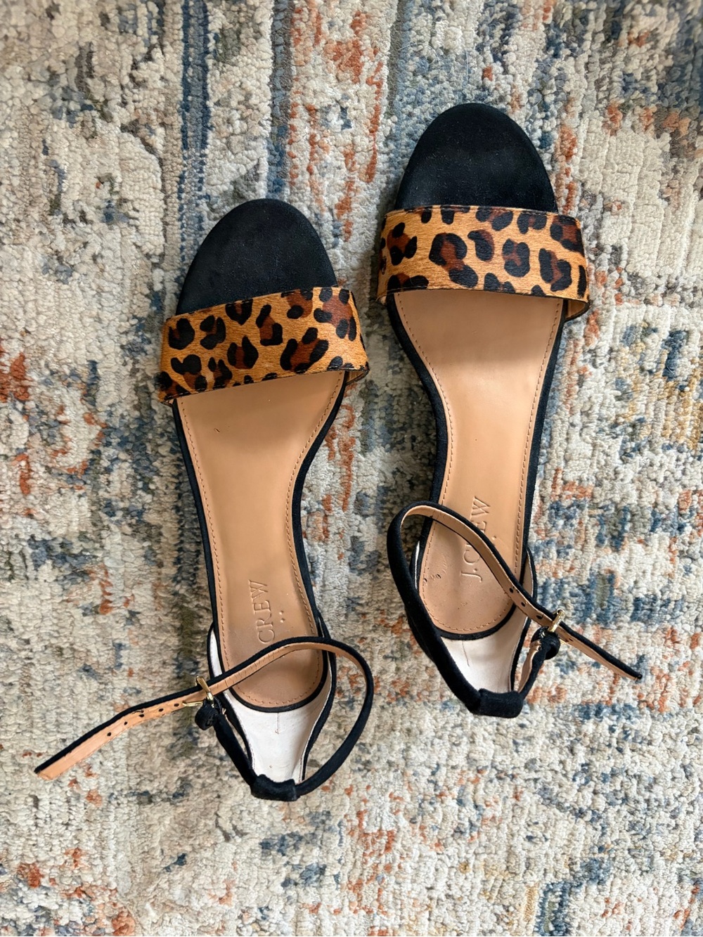 J. Crew Leopard Print Ankle-Strap Sandals in Black and Tan
